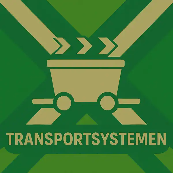 Logo van een transportsysteem met pijlen en karretje in silhouet op de Achterhoekse vlag, met de tekst “TRANSPORTSYSTEMEN” onderin in een donkergroene balk.