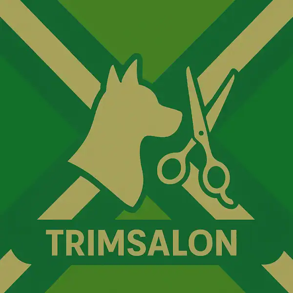 Logo van een hond en schaar in silhouet op de Achterhoekse vlag, met de tekst “TRIMSALON” onderin in een donkergroene balk.