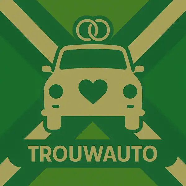 Logo van een trouwauto met hart en ringen in silhouet op de Achterhoekse vlag, met de tekst “TROUWAUTO” onderin in een donkergroene balk.