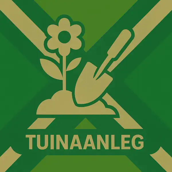 Logo van een bloem en tuinschep in silhouet op de Achterhoekse vlag, met de tekst “TUINAANLEG” onderin in een donkergroene balk.