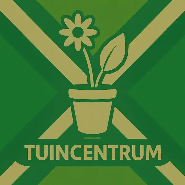 Logo van een bloempot met plant in silhouet op de Achterhoekse vlag, met de tekst “TUINCENTRUM” onderin in een donkergroene balk.