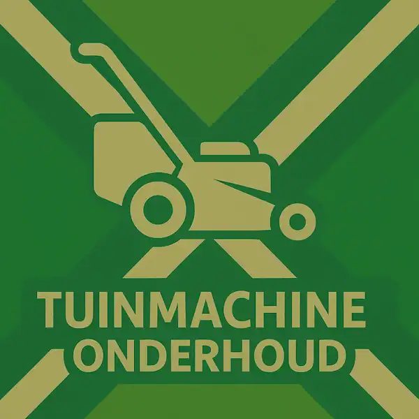 Logo van een grasmaaier in silhouet op de Achterhoekse vlag, met de tekst “TUINMACHINE ONDERHOUD” onderin in een donkergroene balk.