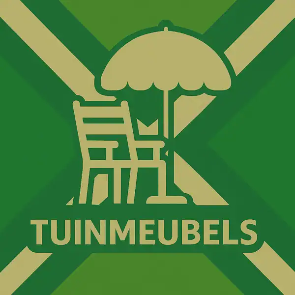Logo van een tuinstoel met parasol in silhouet op de Achterhoekse vlag, met de tekst “TUINMEUBELS” onderin in een donkergroene balk.