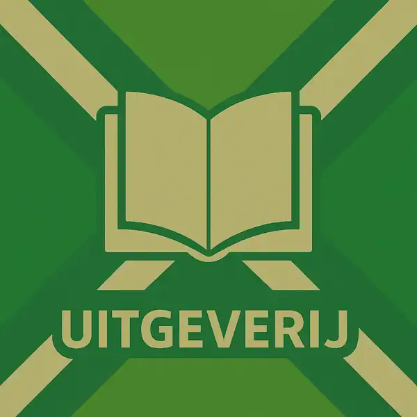 Logo van een open boek in silhouet op de Achterhoekse vlag, met de tekst “UITGEVERIJ” onderin in een donkergroene balk.