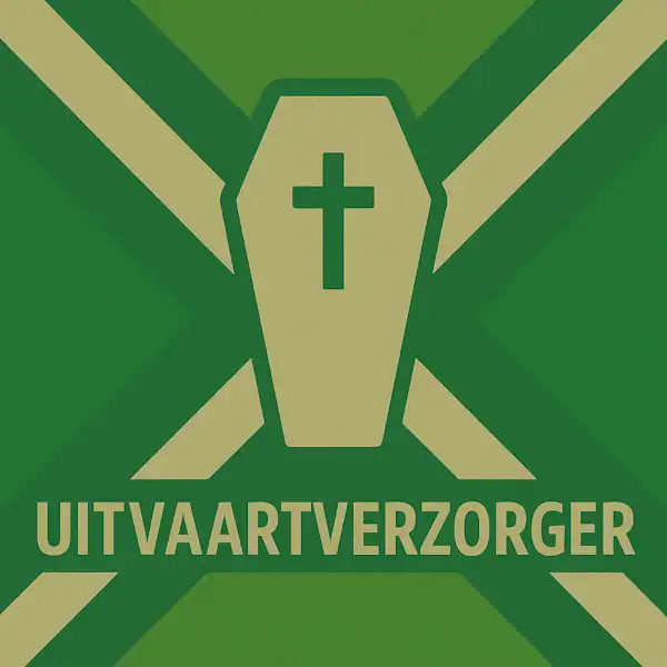 Logo van een doodskist met kruis in silhouet op de Achterhoekse vlag, met de tekst “UITVAARTVERZORGER” onderin in een donkergroene balk.
