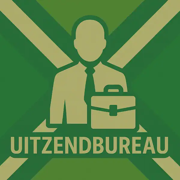 Logo van een zakenman met aktetas in silhouet op de Achterhoekse vlag, met de tekst “UITZENDBUREAU” onderin in een donkergroene balk.