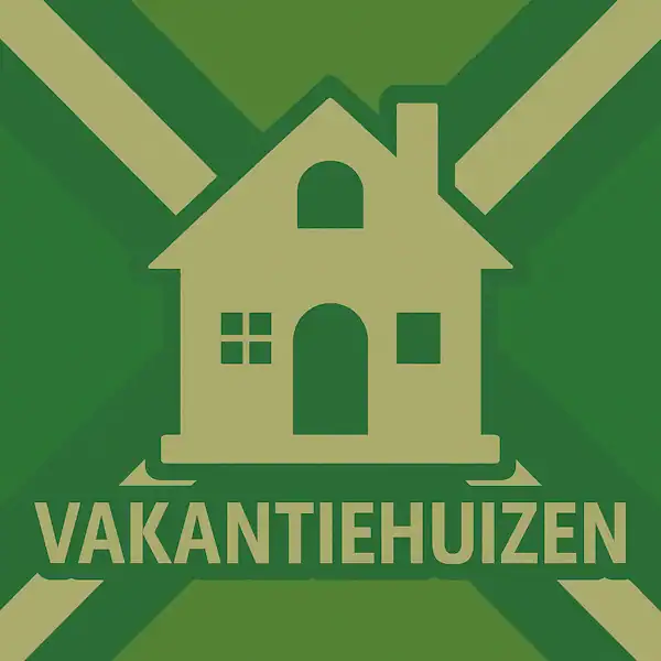 Logo van een vakantiehuis in silhouet op de Achterhoekse vlag, met de tekst “VAKANTIEHUIZEN” onderin in een donkergroene balk.