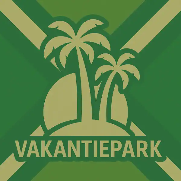 Logo van een vakantiepark met palmbomen en zon in silhouet op de Achterhoekse vlag, met de tekst “VAKANTIEPARK” onderin in een donkergroene balk.