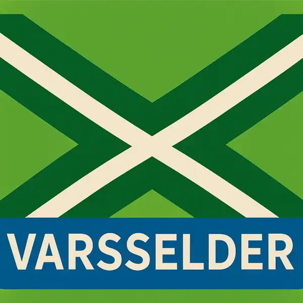 Plaatsnaambord met de tekst "VARSSELDER" in witte hoofdletters op een blauwe balk. Daarboven een lichtgroene vlag met een helder wit St. Andrieskruis, omlijst door een donkergroen kruispatroon — conform het officiële Achterhoekvlagontwerp.