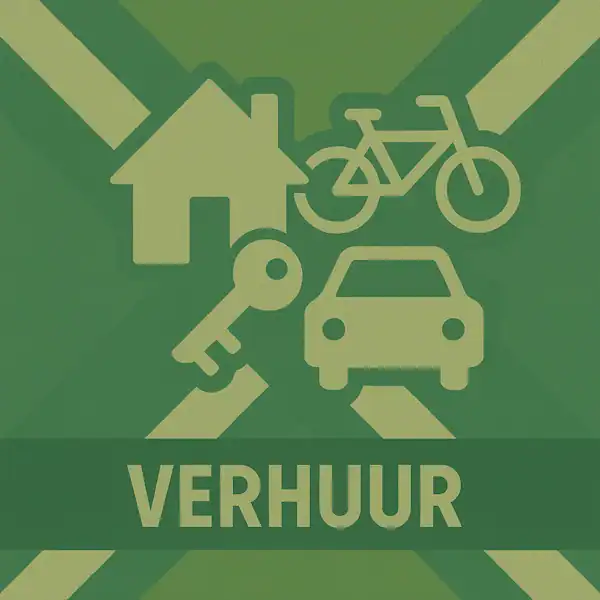 Logo van een huis, fiets, auto en sleutel in silhouet op de Achterhoekse vlag, met de tekst “VERHUUR” onderin in een donkergroene balk.