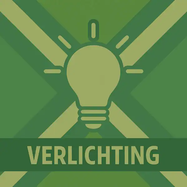Logo van een gloeilamp met stralen in silhouet op de Achterhoekse vlag, met de tekst “VERLICHTING” onderin in een donkergroene balk.