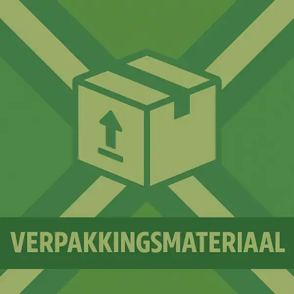 Logo van een kartonnen doos met pijl in silhouet op de Achterhoekse vlag, met de tekst “VERPAKKINGSMATERIAAL” onderin in een donkergroene balk.