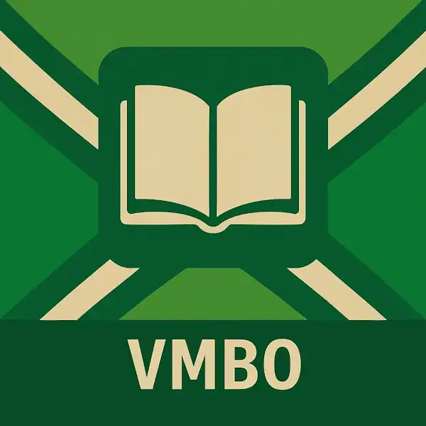 Logo van een open boek in silhouet op de Achterhoekse vlag, met de tekst “VMBO” onderin in een donkergroene balk.