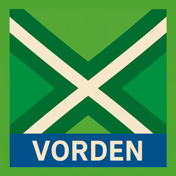 Plaatsnaambord met de tekst "VORDEN" in witte hoofdletters op een blauwe balk. Daarboven een vlag met een lichtgroene achtergrond, een helder wit St. Andrieskruis gecentreerd in een donkergroen kruispatroon — volledig overeenkomstig met het meegeleverde vlagvoorbeeld en in 600x600 formaat