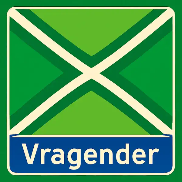 Plaatsnaambord met de tekst "VRAGENDER" in witte hoofdletters op een blauwe balk. Daarboven een vlag met lichtgroene achtergrond, een helder wit St. Andrieskruis gecentreerd in een donkergroen kruispatroon — volledig conform het originele voorbeeld en in 600x600 formaat.