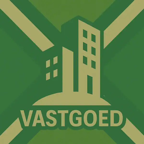 Logo van twee gebouwen in silhouet op de Achterhoekse vlag, met de tekst “VASTGOED” onderin in een donkergroene balk.