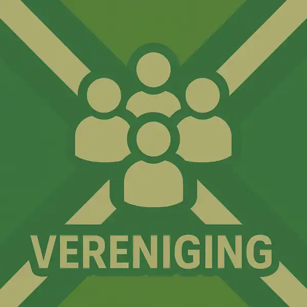 Logo van vier personen in silhouet op de Achterhoekse vlag, met de tekst “VERENIGING” onderin in een donkergroene balk.