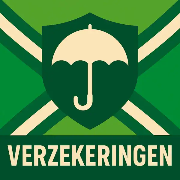 Logo van een paraplu in een schild op de heldere Achterhoekse vlag, met de tekst “VERZEKERINGEN” onderin in een donkergroene balk.