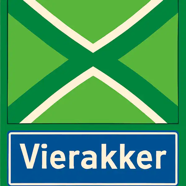 Plaatsnaambord met de tekst "VIERAKKER" in witte hoofdletters op een blauwe balk. Daarboven een vlag met lichtgroene achtergrond, een helder wit St. Andrieskruis gecentreerd in een donkergroen kruispatroon — conform het officiële ontwerp van de Achterhoekvlag.
