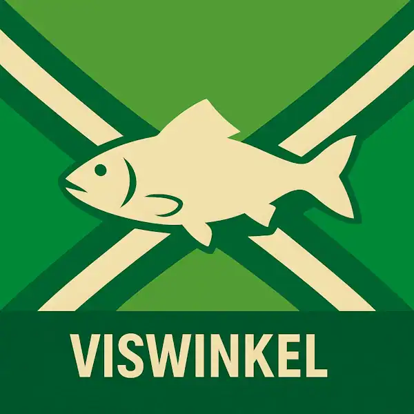 Logo van een vis in silhouet op de Achterhoekse vlag, met de tekst “VISWINKEL” onderin in een donkergroene balk.