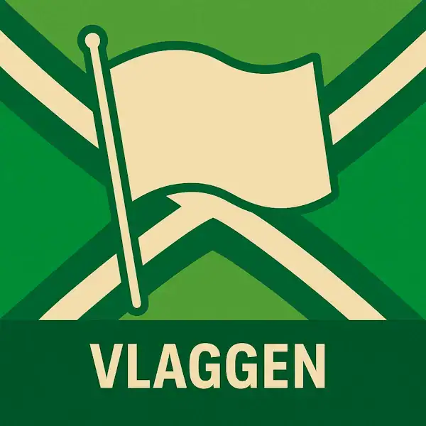 Logo van een wapperende vlag in silhouet op de Achterhoekse vlag, met de tekst “VLAGGEN” onderin in een donkergroene balk.