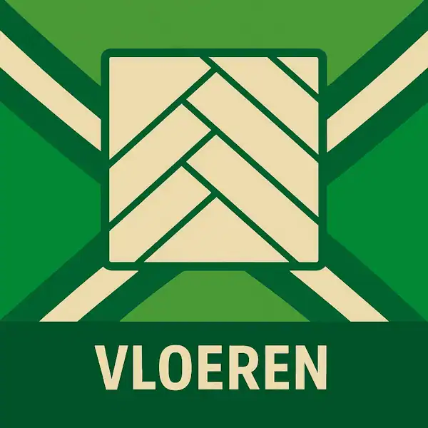 Logo van een visgraatvloer in silhouet op de Achterhoekse vlag, met de tekst “VLOEREN” onderin in een donkergroene balk.