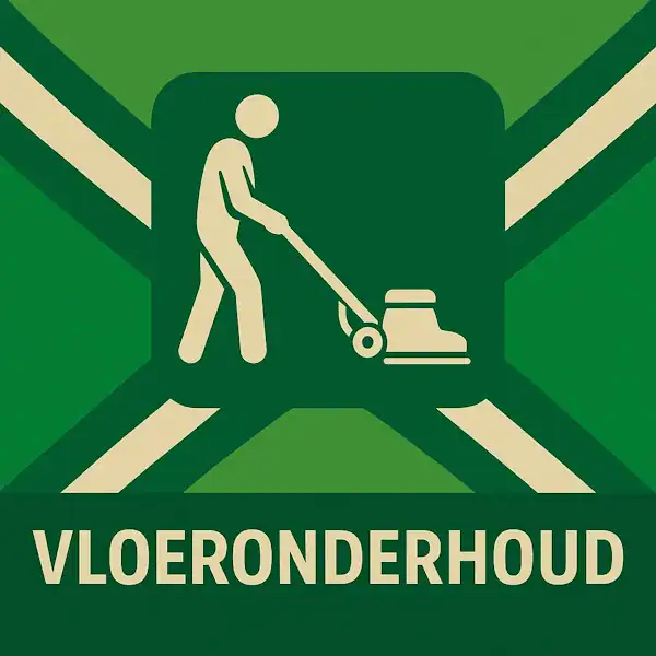 Logo van een persoon met vloerboenmachine in silhouet op de Achterhoekse vlag, met de tekst “VLOERONDERHOUD” onderin in een donkergroene balk.