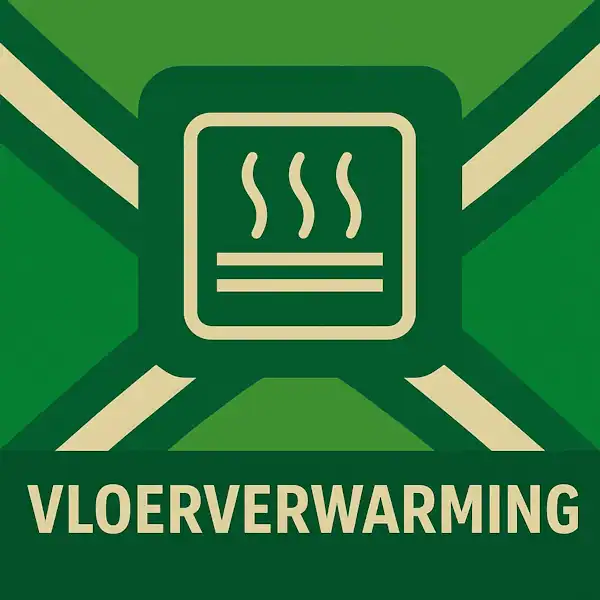 Logo van een verwarmingssymbool met stoomlijnen in silhouet op de Achterhoekse vlag, met de tekst “VLOERVERWARMING” onderin in een donkergroene balk.