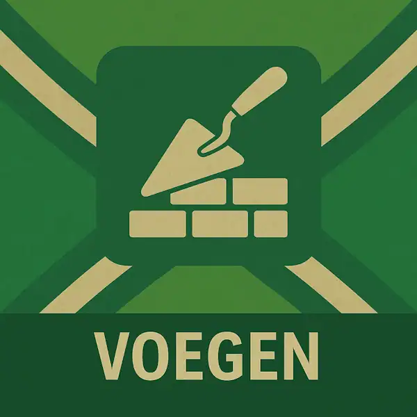 Logo van een voegspaan boven een rij bakstenen in silhouet op de Achterhoekse vlag, met de tekst “VOEGEN” onderin in een donkergroene balk.