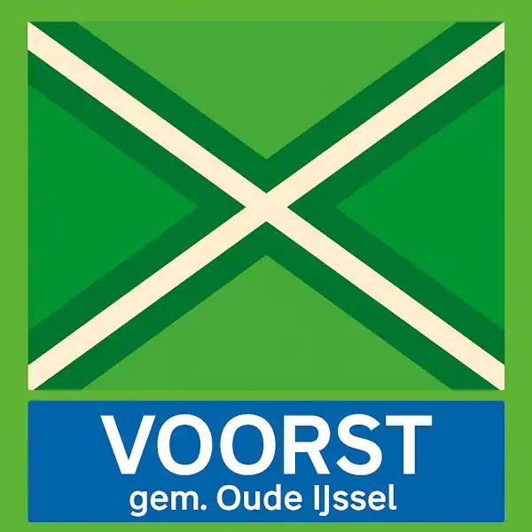 Plaatsnaambord met de tekst "VOORST" in grote witte hoofdletters, met daaronder in kleinere witte letters "gem. Oude IJssel", op een blauwe balk. Daarboven een lichtgroene vlag met een helder wit St. Andrieskruis, omlijst door een donkergroen kruispatroon — volgens het correcte vlagontwerp.