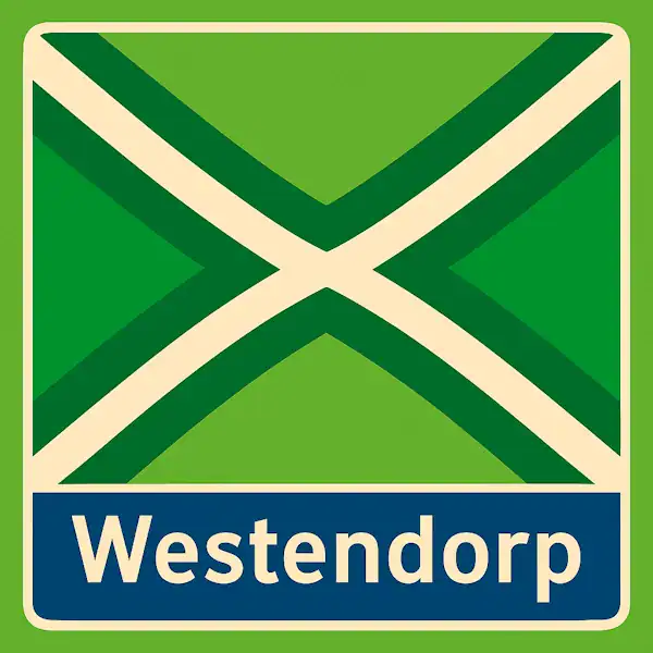 Plaatsnaambord met de tekst "WESTENDORP" in witte hoofdletters op een blauwe balk. Daarboven een vlag met lichtgroene achtergrond, een helder wit St. Andrieskruis gecentreerd in een donkergroen kruispatroon — exact volgens het originele vlagvoorbeeld, formaat 600x600.