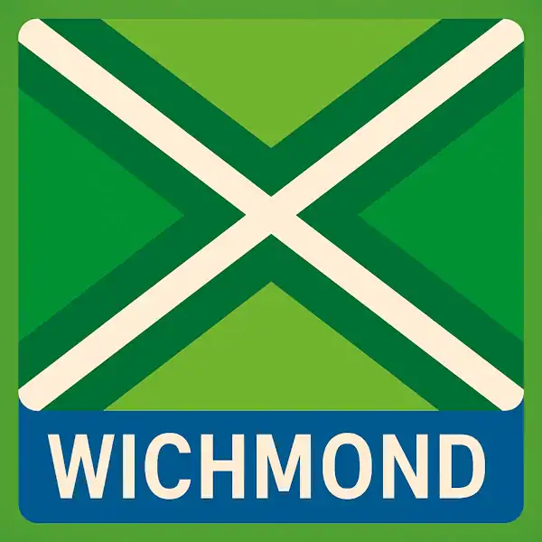 Plaatsnaambord met de tekst "WICHMOND" in witte hoofdletters op een blauwe balk. Daarboven een vlag met lichtgroene achtergrond, een helder wit St. Andrieskruis gecentreerd in een donkergroen kruispatroon — volledig volgens het originele vlagvoorbeeld, formaat 600x600.