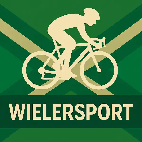 Logo van een wielrenner in silhouet op de Achterhoekse vlag, met de tekst “WIELERSPORT” onderin in een donkergroene balk.