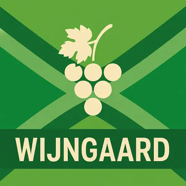 Logo van een druiventros in silhouet op de Achterhoekse vlag, met de tekst “WIJNGAARD” onderin in een donkergroene balk.