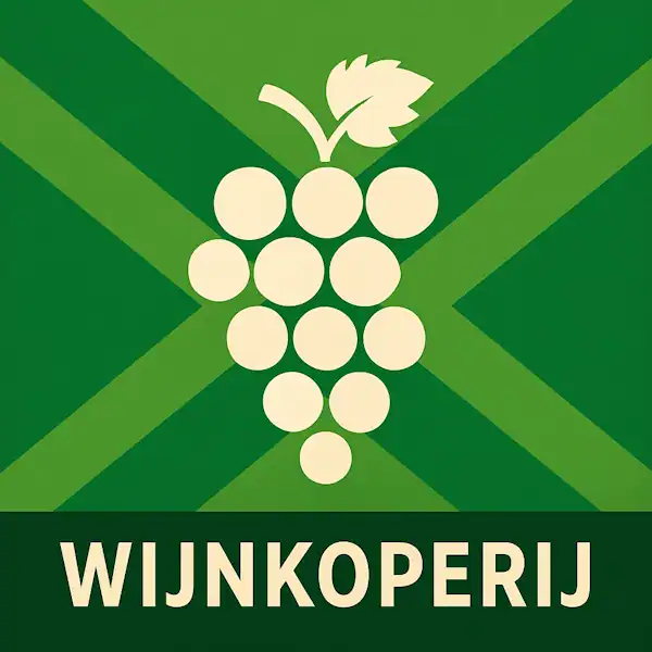 Logo van een grote druiventros in silhouet op de Achterhoekse vlag, met de tekst “WIJNKOPERIJ” onderin in een donkergroene balk.