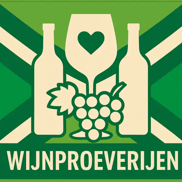 Logo van een wijnproeverij met twee wijnflessen, een glas met hart en een tros druiven in silhouet op de Achterhoekse vlag, met de tekst “WIJNPROEVERIJEN” onderin in een donkergroene balk.