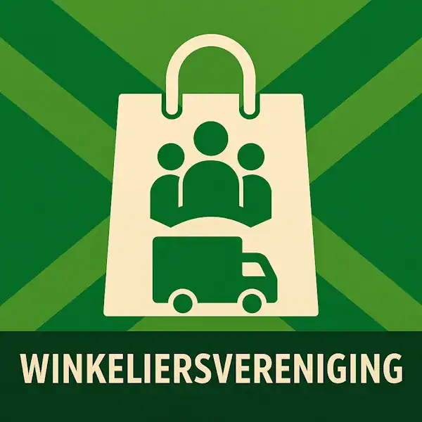 Logo van een winkelzak met mensen en vrachtwagen in silhouet op de Achterhoekse vlag, met de tekst “WINKELIERSVERENIGING” onderin in een donkergroene balk.