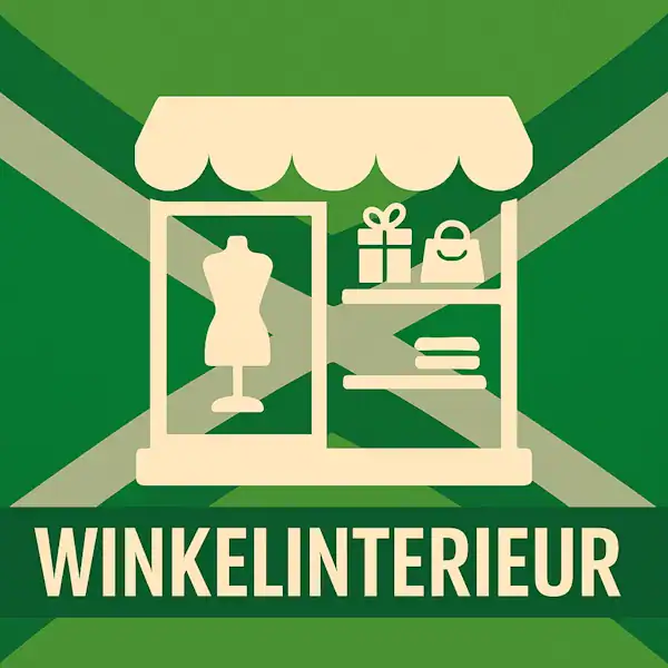 Logo van een winkelinterieur met etalagepop, schappen en luifel in silhouet op de Achterhoekse vlag, met de tekst “WINKELINTERIEUR” onderin in een donkergroene balk.