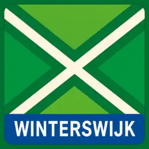 Plaatsnaambord met de tekst "WINTERSWIJK" in witte hoofdletters op een blauwe balk. Daarboven een vlag met lichtgroene achtergrond, een helder wit St. Andrieskruis gecentreerd in een donkergroen kruispatroon — perfect afgestemd op het meegeleverde voorbeeld, formaat 600x600.