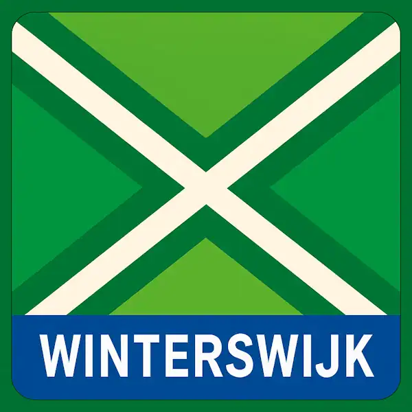 Plaatsnaambord met de tekst "WINTERSWIJK" in witte hoofdletters op een blauwe balk. Daarboven een vlag met lichtgroene achtergrond, een helder wit St. Andrieskruis gecentreerd in een donkergroen kruispatroon — perfect afgestemd op het meegeleverde voorbeeld, formaat 600x600.