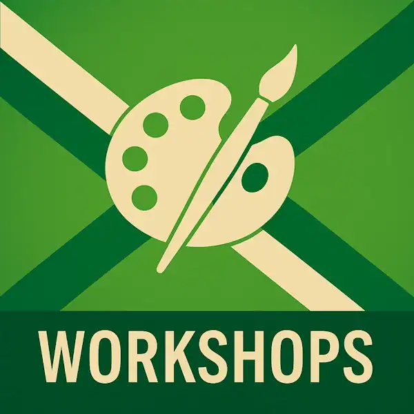 Logo van een schilderspalet met penseel in silhouet op de Achterhoekse vlag, met de tekst “WORKSHOPS” onderin in een donkergroene balk.