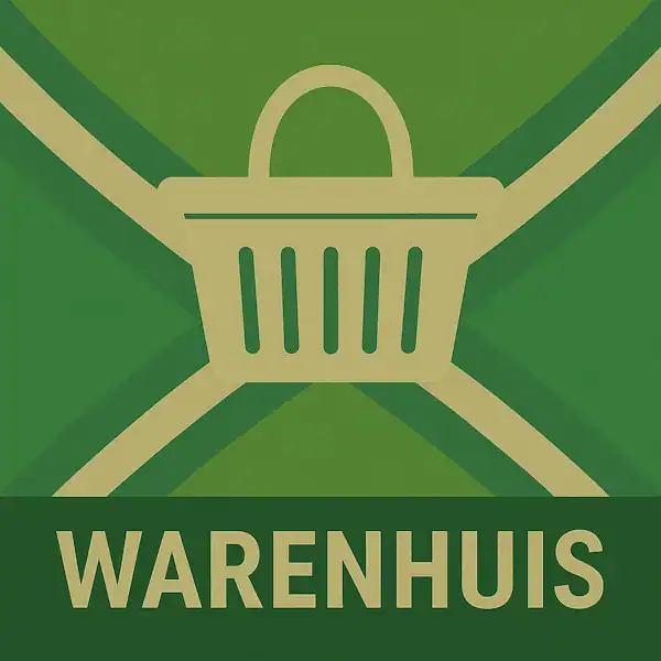 Logo van een winkelmand in silhouet op de Achterhoekse vlag, met de tekst “WARENHUIS” onderin in een donkergroene balk.