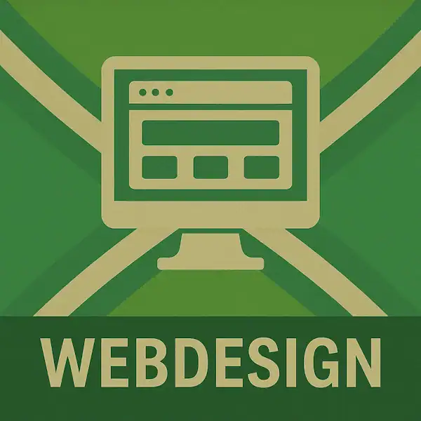 Logo van een computerscherm met webpagina in silhouet op de Achterhoekse vlag, met de tekst “WEBDESIGN” onderin in een donkergroene balk.