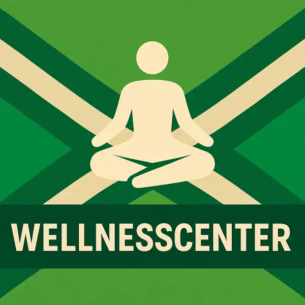 Logo van een persoon in lotuszit in silhouet op de Achterhoekse vlag, met de tekst “WELLNESSCENTER” onderin in een donkergroene balk.