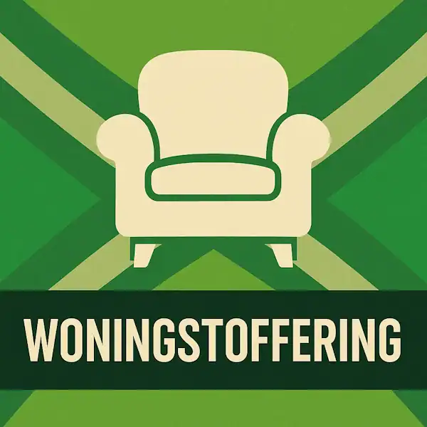 Logo van een fauteuil in silhouet op de Achterhoekse vlag, met de tekst “WONINGSTOFFERING” onderin in een donkergroene balk.
