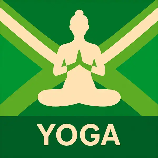 Logo van een persoon in lotuszit met handen tegen elkaar in silhouet op de Achterhoekse vlag, met de tekst “YOGA” onderin in een donkergroene balk.