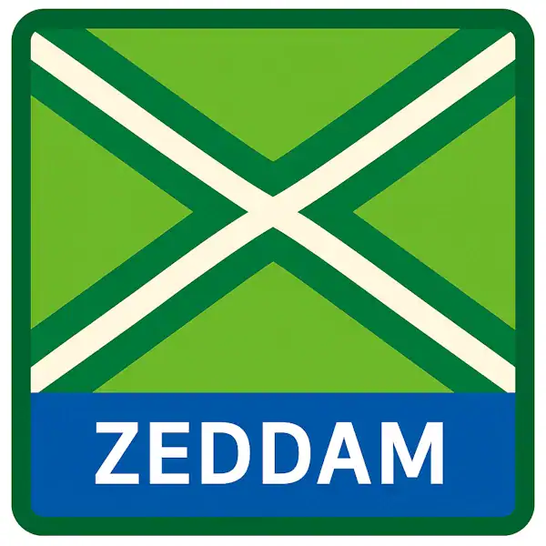 Plaatsnaambord met de tekst "ZEDDAM" in witte hoofdletters op een blauwe balk. Daarboven een vlag met lichtgroene achtergrond, een helder wit St. Andrieskruis gecentreerd in een donkergroen kruispatroon, omlijst door een donkergroene rand — exact volgens het aangeleverde vlagvoorbeeld, formaat 600x600.
