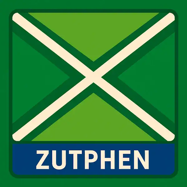 Plaatsnaambord met de tekst "ZUTPHEN" in witte hoofdletters op een blauwe balk onderaan. Daarboven de Achterhoekvlag als achtergrond: lichtgroene velden, donkergroen kruispatroon met een helder wit St. Andrieskruis precies gecentreerd, en een donkergroene buitenrand