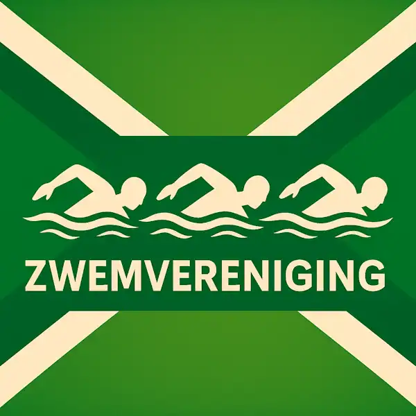 Logo van drie zwemmers in silhouet op de Achterhoekse vlag, met de tekst “ZWEMVERENIGING” onderin in een donkergroene balk.