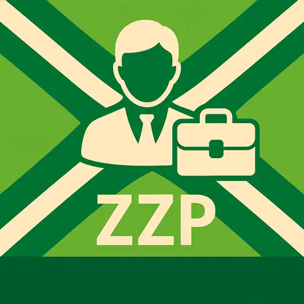 Logo van een zelfstandige professional met aktetas in silhouet op de Achterhoekse vlag, met de tekst “ZZP” onderin in een donkergroene balk.